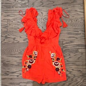 Chelsea & Violet Red Ruffled Jumpsuit with Floral Embroidery
